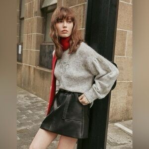 Petite Studio Heather Gray Crewneck Sweater with Floral Knit Detail